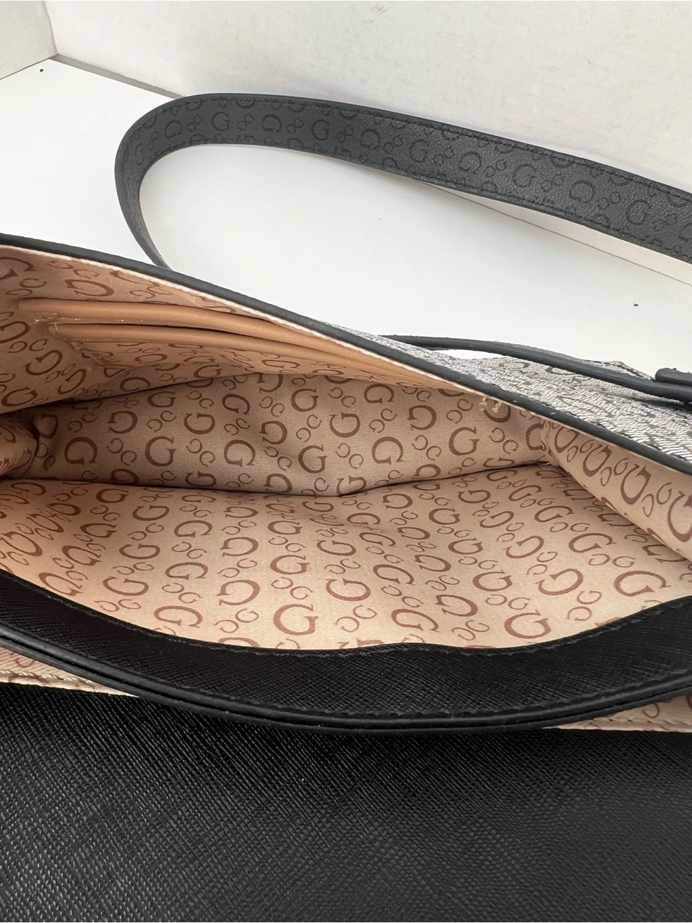 GUESS Black & White Logo Print Top Handle Crossbody Satchel